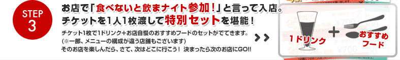 Step3.お店で「食べないと飲まナイト参加！」と言って入店。チケットを1人1枚渡して特別セットを堪能！