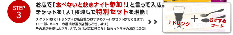 Step3.お店で「食べないと飲まナイト参加！」と言って入店。チケットを1人1枚渡して特別セットを堪能！