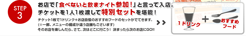 Step3.お店で「食べないと飲まナイト参加！」と言って入店。チケットを1人1枚渡して特別セットを堪能！