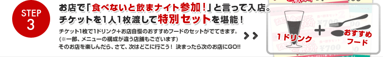 Step3.お店で「食べないと飲まナイト参加！」と言って入店。チケットを1人1枚渡して特別セットを堪能！